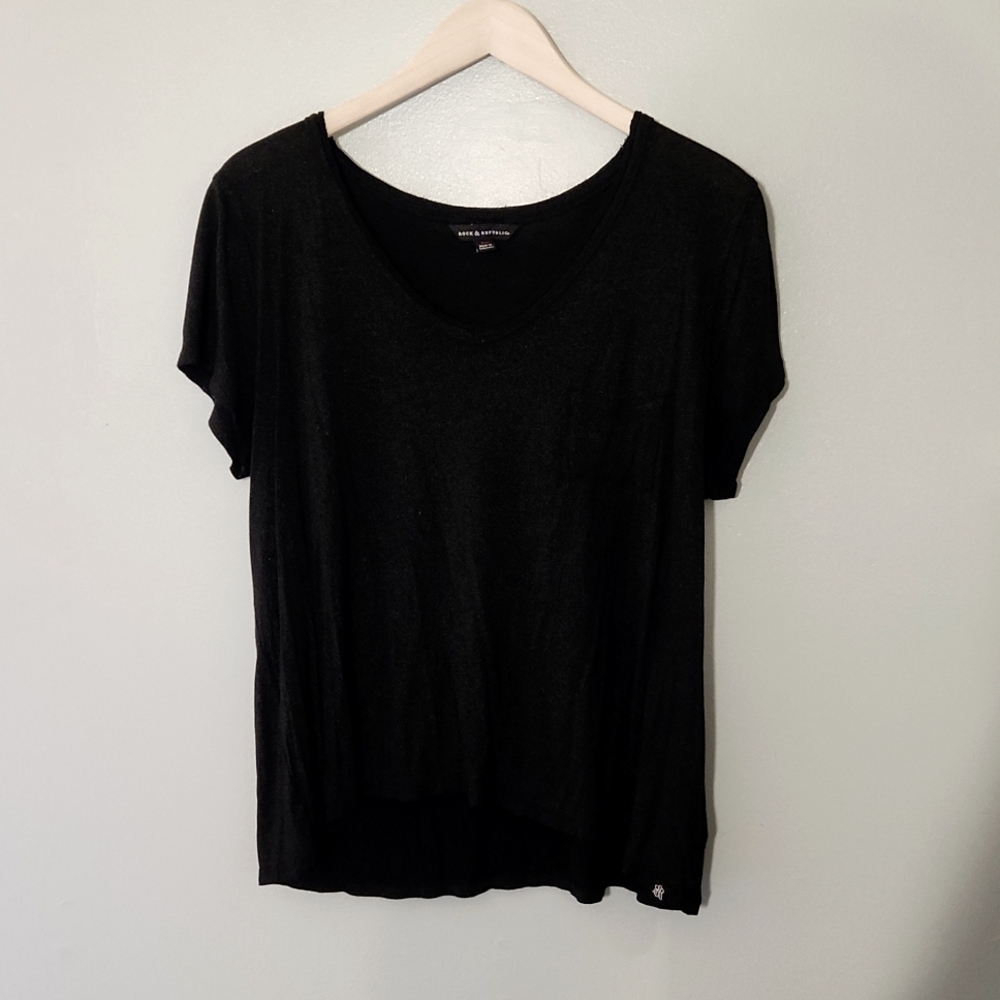 Rock & Republic V-neck Black w/ Silver Sparkle Sheer Pocket Tee Size XL